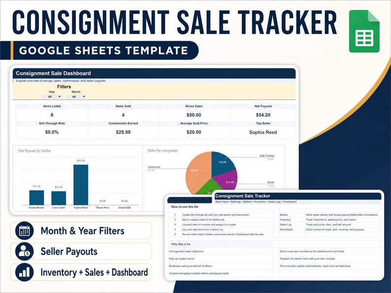 K&ouml;nnte beinhalten: Eine Google Sheets-Vorlage zur Verfolgung von Konsignationsverk&auml;ufen. Das Dashboard zeigt Verkaufsdaten, einschlie&szlig;lich verkaufter Artikel, Brutto- und Nettoerl&ouml;se. Mit Monats- und Jahresfiltern, Auszahlungen an Verk&auml;ufer und Inventar.