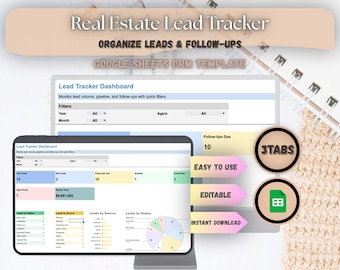 Real Estate Lead Tracker Google Sheets Template, Realtor CRM Pipeline Organizer