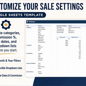 K&ouml;nnte beinhalten: Eine Google Sheets-Vorlage mit dem Titel "Passen Sie Ihre Verkaufseinstellungen an". Das Bild zeigt eine Tabelle mit Einstellungen f&uuml;r Kategorien, Provisionen, Verkaufsdaten und Dropdown-Listen. Enth&auml;lt Monats- und Jahresfilter, flexible Dropdown-Listen sowie Optionen f&uuml;r Verkaufsdaten und Provisionen.