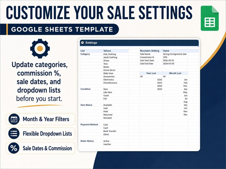 K&ouml;nnte beinhalten: Eine Google Sheets-Vorlage mit dem Titel "Passen Sie Ihre Verkaufseinstellungen an". Das Bild zeigt eine Tabelle mit Einstellungen f&uuml;r Kategorien, Provisionen, Verkaufsdaten und Dropdown-Listen. Enth&auml;lt Monats- und Jahresfilter, flexible Dropdown-Listen sowie Optionen f&uuml;r Verkaufsdaten und Provisionen.