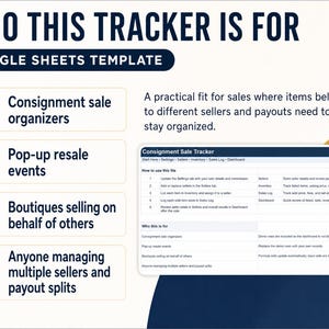 K&ouml;nnte beinhalten: Grafik, die f&uuml;r eine Google Sheets-Vorlage wirbt, mit dem Titel "Who This Tracker Is For". Sie listet Kommissionsverk&auml;ufer, Pop-up-Verkaufsveranstaltungen, Boutiquen und alle auf, die mehrere Verk&auml;ufer verwalten. Ein gr&uuml;nes Google Sheets-Symbol ist zu sehen.
