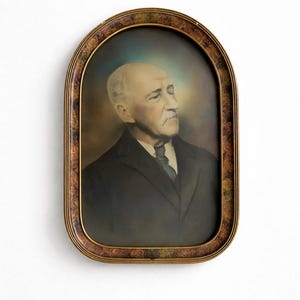 Antique Convex Wood Frame Portrait | Victorian Bubble Glass Frame | Vintage Oval Wall Frame | Old Man Portrait | Dark Academia Decor