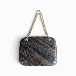 Vintage Genuine Snakeskin Shoulder Bag | Derma Spain Leather Purse | Brown Python Patchwork Handbag | Gold Chain Strap | 1980s Statement Bag