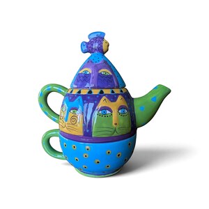 Laurel Burch for Ganz Tea For One Teapot Set | Colorful Cat Faces Ceramic Teapot & Cup | Whimsical Folk Art Collectible