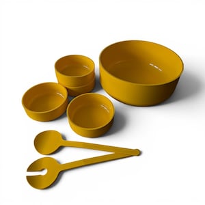 May include: A set of mustard yellow kitchenware consisting of one large round bowl, three smaller round bowls, and a pair of salad serving utensils. The items feature a smooth, matte finish and a consistent, solid yellow color throughout the set.