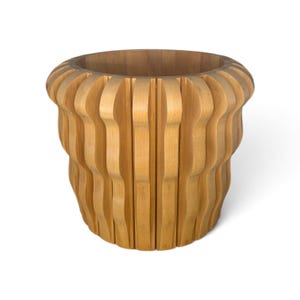 Vintage Sculptural Wood Planter – Handmade Slatted Wooden Cachepot – Mid Century Modern Organic Decor – Large 17” Planter