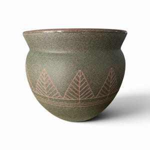 Vintage IKEA Ceramic Planter – Green & Terracotta Scandinavian Pot – Geometric Leaf Design – Mid Century Modern Style – 9”