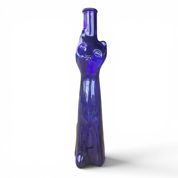 Vintage Moselland Happy Cat Riesling Blue Glass Bottle Vase – German Cobalt Cat Bottle – 13" Art Glass Decor