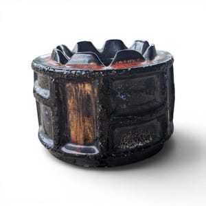 Peut inclure: Un cendrier cylindrique en céramique avec une glaçure noire foncée et des bords texturés et rugueux. L'extérieur présente des panneaux verticaux avec des stries de tons rouge profond et or métallique. Le bord supérieur est festonné.