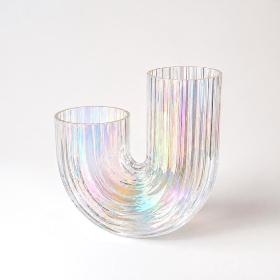 Vintage IKEA RÄFFELBJÖRK Glass Vase, Iridescent U Shape Vase, Sculptural Modern Decor, Holographic Glass, Statement Piece