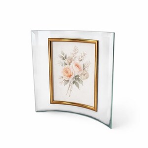 Vintage Curved Glass Photo Frame | Modern Minimalist Picture Frame | Gold Trim | 90s Contemporary Decor | Sculptural Glass Frame