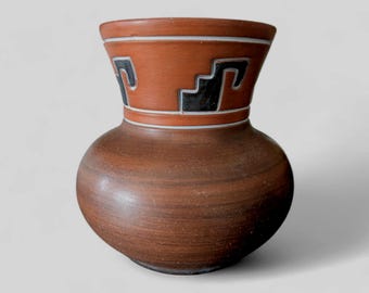 Vintage Studio Pottery Vase, Hand Thrown Terracotta Vase with Geometric Pattern, Mid Century Modern Rustic Decor, Signed Ceramic Vessel