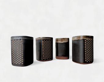 Vintage Maurice Savoie Ceramic Cups Set of 4, Rounded Square Shape, Quebec Studio Pottery, Mid Century Modern Black Gold Tumblers
