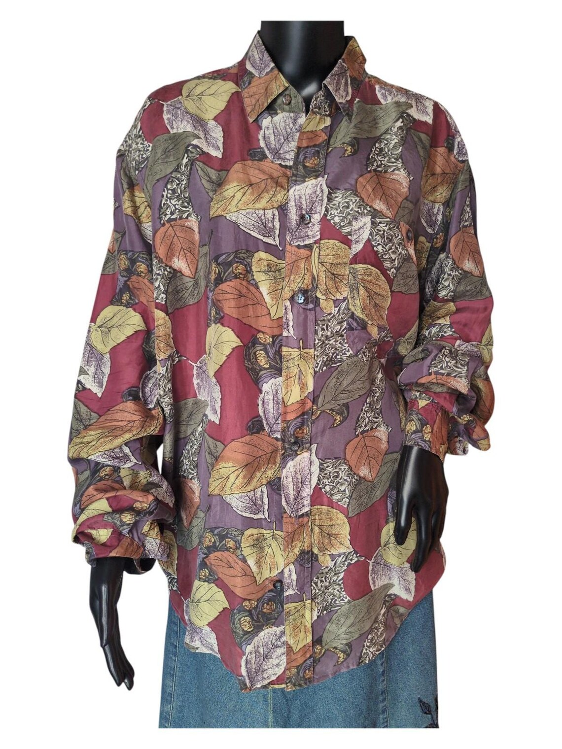 Vintage 90s 100% Silk Blouse, CEDRAS Botanical Leaf Print Shirt, Oversized Silk Button Down, Burgundy Purple Fall Shirt, Size L, foto 2 di 5