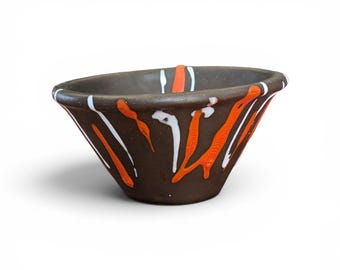 Vintage Canadian Pottery Bowl | Mid Century Drip Glaze Ceramic Dish | Small Studio Art Pottery | Brown Orange White Decorative Bowl