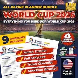 Puede incluir: Un paquete de planificador digital para la Copa del Mundo 2026, con listas de verificación, rastreadores de partidos y horarios. Incluye una opción de descarga instantánea y acceso de impresión y listo. El diseño incorpora el trofeo de la Copa del Mundo y la bandera estadounidense.