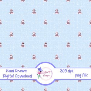 May include: A light blue digital pattern featuring a repeating motif of small brown teddy bears wearing pink hats, set against a background of white speckles and a faint grid. A central white banner displays the text Hand Drawn Digital Download 300 dpi png file.