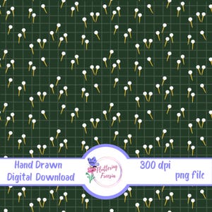 May include: A digital download pattern featuring a dark green grid background with scattered white and yellow floral elements. The design includes text that reads "Hand Drawn Digital Download" and "300 dpi png file".