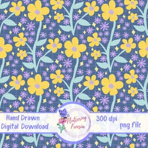 Peut inclure: Un motif numérique avec de grandes fleurs jaunes aux centres violet clair et de plus petites fleurs violet clair sur un fond bleu foncé quadrillé avec des étoiles jaunes à quatre branches. Texte : Hand Drawn Digital Download 300 dpi png file Flutiering Freesia.