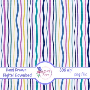 May include: A digital pattern featuring vertical wavy lines in shades of dark blue, light blue, teal, yellow, and purple on a white background. A central horizontal banner displays the text Hand Drawn Digital Download, 300 dpi, png file.