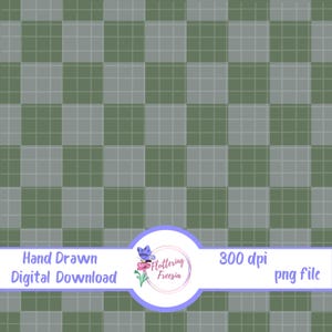 Puede incluir: Descarga digital con un patrón de cuadros dibujado a mano en tonos verdes y grises. El diseño incluye una superposición de cuadrícula, con el texto "Hand Drawn Digital Download" y "300 dpi png file".