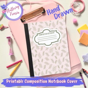 May include: A composition notebook with a light pink cover featuring a repeating olive green leaf pattern. The notebook has a white label with the text "COMPOSITION NOTEBOOK" and black binding. It is placed on a pink clipboard with stationery.