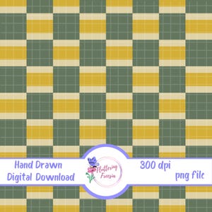 May include: Digital download featuring a repeating pattern of alternating yellow and olive green rectangles, overlaid with a subtle grid. The design includes the text "Hand Drawn Digital Download" and "300 dpi png file".