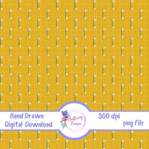 May include: A digital download featuring a repeating pattern of golf flags on a yellow grid background. The flags are white with a gray pole and a white golf ball. The image includes the text "Hand Drawn Digital Download" and "300 dpi png file".