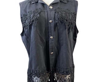 St. Joanne Lace Embroidered  Vest Womens XL Black Fringe Sleeveless Button Down