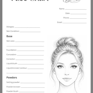 Puede incluir: Un gráfico facial de maquillaje en blanco y negro con el texto "Makeup Face Chart" en la parte superior. El gráfico incluye secciones para la base, los polvos y un espacio para una ilustración facial. También hay espacio para el nombre, la fecha, el teléfono y el correo electrónico.