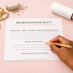 May include: A white paper form titled REPAIR & ALTERATION QUEUE with columns for garment issue, priority, tailor notes, dates, and results. It includes a section for before and after notes, gold scissors, a lint roller, and sewing pins.