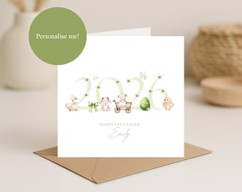Première carte de Pâques personnalisée | 1ère Pâques de bébé | Nom et année | Aquarelle douce