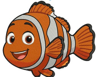 May include: An orange and white clownfish embroidery design with a smiling face. The design includes the text "5 SIZES" in a heart-shaped bubble. The file formats are listed below the image.