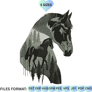 Puede incluir: Diseño bordado de una cabeza de caballo con un caballo más pequeño y una escena de bosque en su interior. El diseño es en tonos grises y negros. El texto "5 SIZES" está encima de la cabeza del caballo. Formatos de archivo listados.