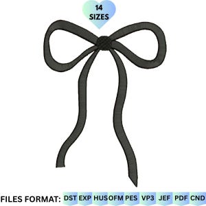 Könnte beinhalten: Stickmuster eines schwarzen Bogens mit langen, fließenden Enden. Das Design enthält eine herzförmige Grafik mit dem Text "14 SIZES". Das Bild befindet sich auf weißem Hintergrund. Unter dem Bogen ist der Text "FILES FORMAT:" und Dateityp-Abkürzungen zu sehen.