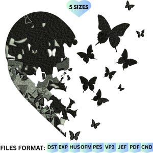 May include: Black and gray embroidered heart design with butterflies. The heart is partially fragmented, with butterflies scattered around it. The image includes the text "5 SIZES" and file format information.