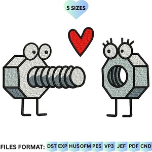 May include: An embroidered design featuring two cartoon-style nuts and bolts with googly eyes, a red heart, and the text "5 SIZES" in a heart-shaped bubble. The design is in a digital embroidery file format.