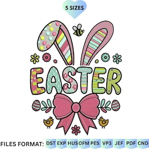 Puede incluir: Diseño de bordado con temática de Pascua con orejas de conejo, un lazo, flores y la palabra "EASTER". Incluye una abeja y dos pollitos. El diseño está disponible en 5 tamaños y varios formatos de archivo.