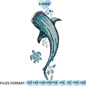 Puede incluir: Diseño bordado con un tiburón ballena, una tortuga marina y varios elementos marinos en tonos azules y blancos. El diseño incluye el texto "5 SIZES" e información sobre el formato de archivo.