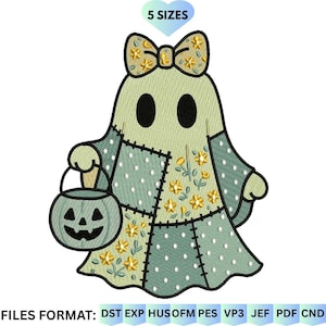 Desenho de bordado de fantasma em patchwork, padrão vintage cottagecore de fantasma com laço floral e abóbora, arquivo para patchwork de Halloween, download instantâneo.