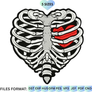 May include: An embroidery design featuring a human rib cage shaped like a heart, with a bright red heart nestled inside the white and grey bones. The text 5 SIZES appears at the top, and FILES FORMAT: DST EXP HUS OFM PES VP3 JEF PDF CND at the bottom.
