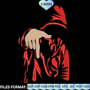 Puede incluir: Un diseño de bordado con una mano color canela apuntando hacia abajo sobre un fondo negro, rodeada de formas rojas abstractas. Arriba, un icono de corazón contiene el texto 5 SIZES. Abajo, se listan los formatos de archivo: DST, EXP, HUS, OFM, PES, VP3, JEF, PDF, CND.