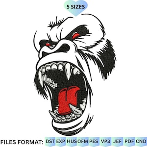 May include: An embroidery design featuring a stylized gorilla head with an open mouth, sharp teeth, and a red tongue. The design uses black and white outlines with red accents for the eyes and tongue. Text at the top reads 5 SIZES, and at the bottom reads FILES FORMAT: DST EXP HUS OFM PES VP3 JEF PDF CND.