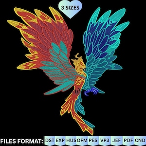 May include: An embroidered phoenix design with wings in shades of red, yellow, and blue. The image includes the text "3 SIZES" in a heart shape and "FILES FORMAT: DST EXP HUS OFM PES VP3 JEF PDF CND".