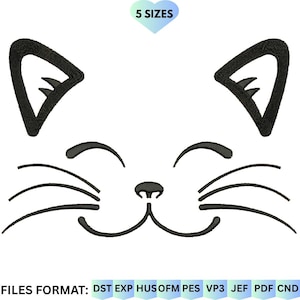 Puede incluir: Diseño de cara de gato en blanco y negro con ojos cerrados, bigotes y orejas. El texto "5 SIZES" está encima de la cara del gato en forma de corazón azul claro. Debajo, el texto "FILES FORMAT:" seguido de abreviaturas de formato de archivo.