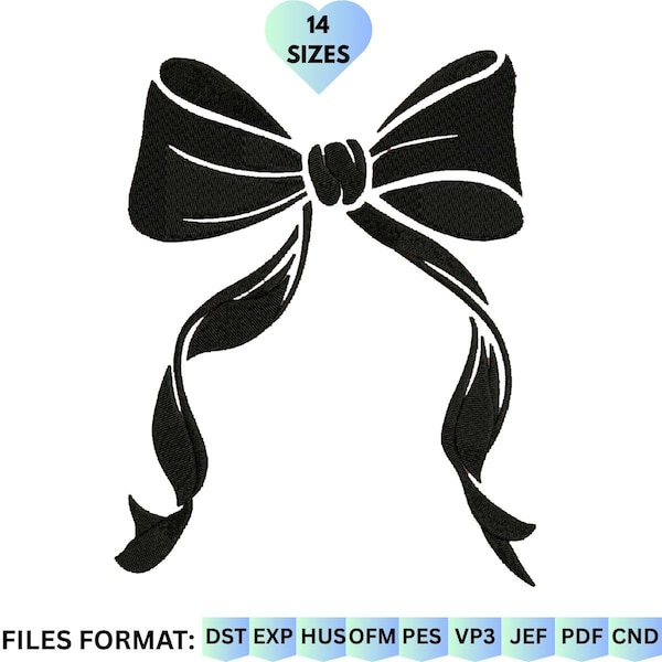 Classic Black Bow Embroidery Design, Bold Ribbon Bow Stitch File, Elegant Machine Embroidery Pattern, 14 Sizes Instant Download.