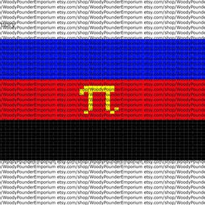 May include: A digital graphic featuring a flag design with horizontal stripes of blue, red, and black. A yellow emblem is centered on the red stripe. The Etsy shop URL is repeated throughout the background.