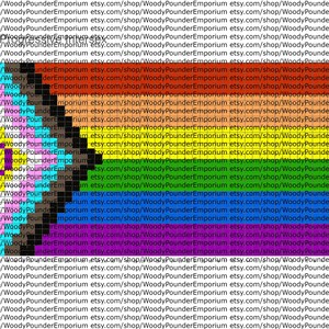 May include: A pixelated design featuring a rainbow gradient background with a central black and brown shape. The design includes a purple square and the text "WoodyPounderEmporium" repeated across the image.