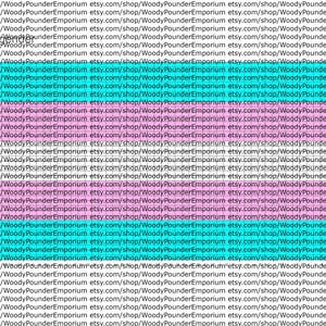 May include: A repeating pattern of text, "etsy.com/shop/WoodyPounderEmporium", in rows and columns. The text is in black, with two horizontal bands of color: a light blue and a pink. The background is white.