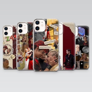 May include: Five clear phone cases with different collage designs. The designs include images of people, text, and celestial elements. One case features the text "Maybe in another universe".